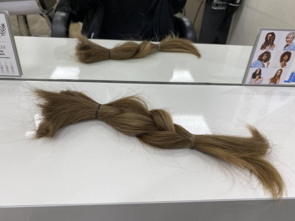 ein 27 Zemtimeter langer Zopf abgeschnittener Haare als Spende für eine Echthaarperrücke