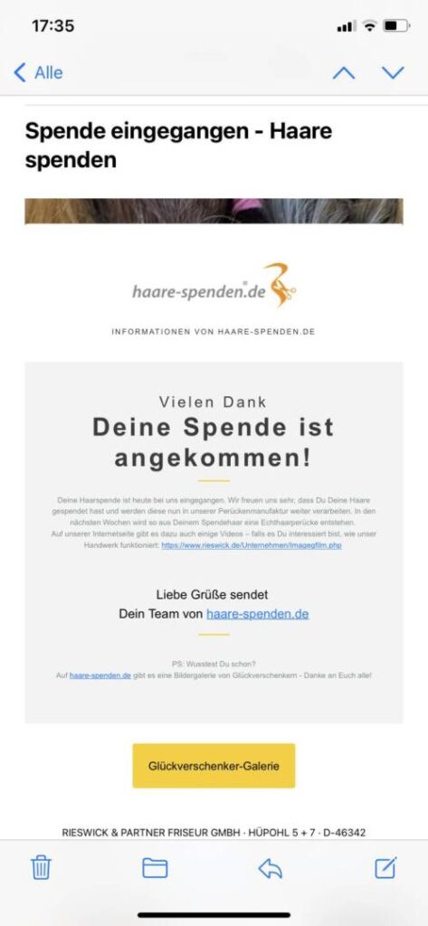 Die Bestätigung über den Eingang der Haarspende