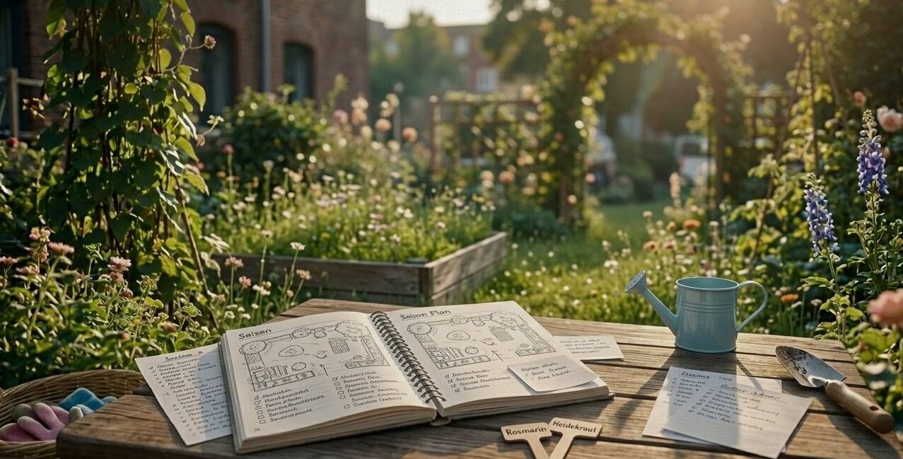 Gartenplanung für Anfänger – handgeschriebener Gartenplan im Notizbuch